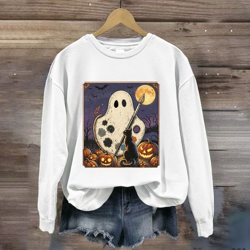 Art Teacher Halloween Ghost Paint Palette Black Cat Pumpkin Sweatshirt