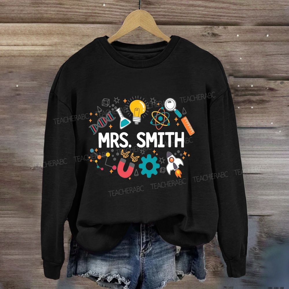 Personalized Name Science Teacher Lab Gear Rocket Dna Lightbulb Sweatshirt