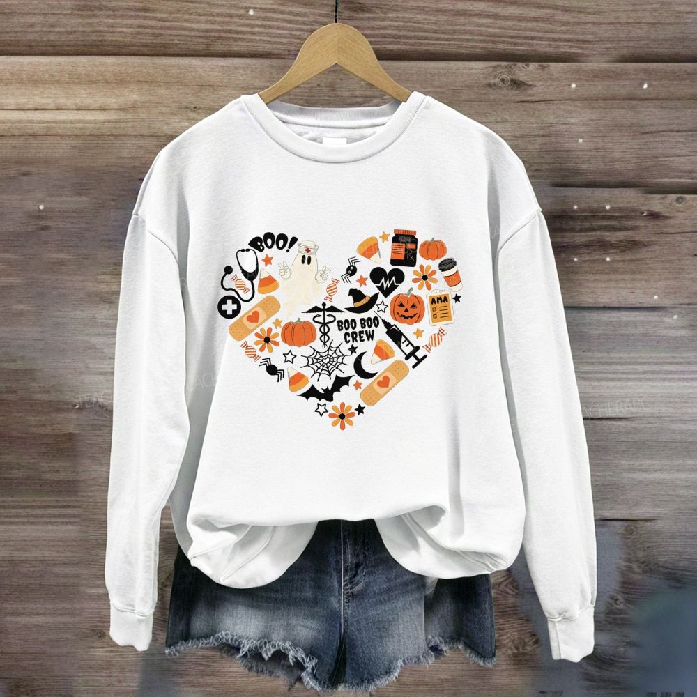 Boo Boo Crew Heart Shape Halloween Nurse Medical Fall Ghost Pumpkin Sweatshirt