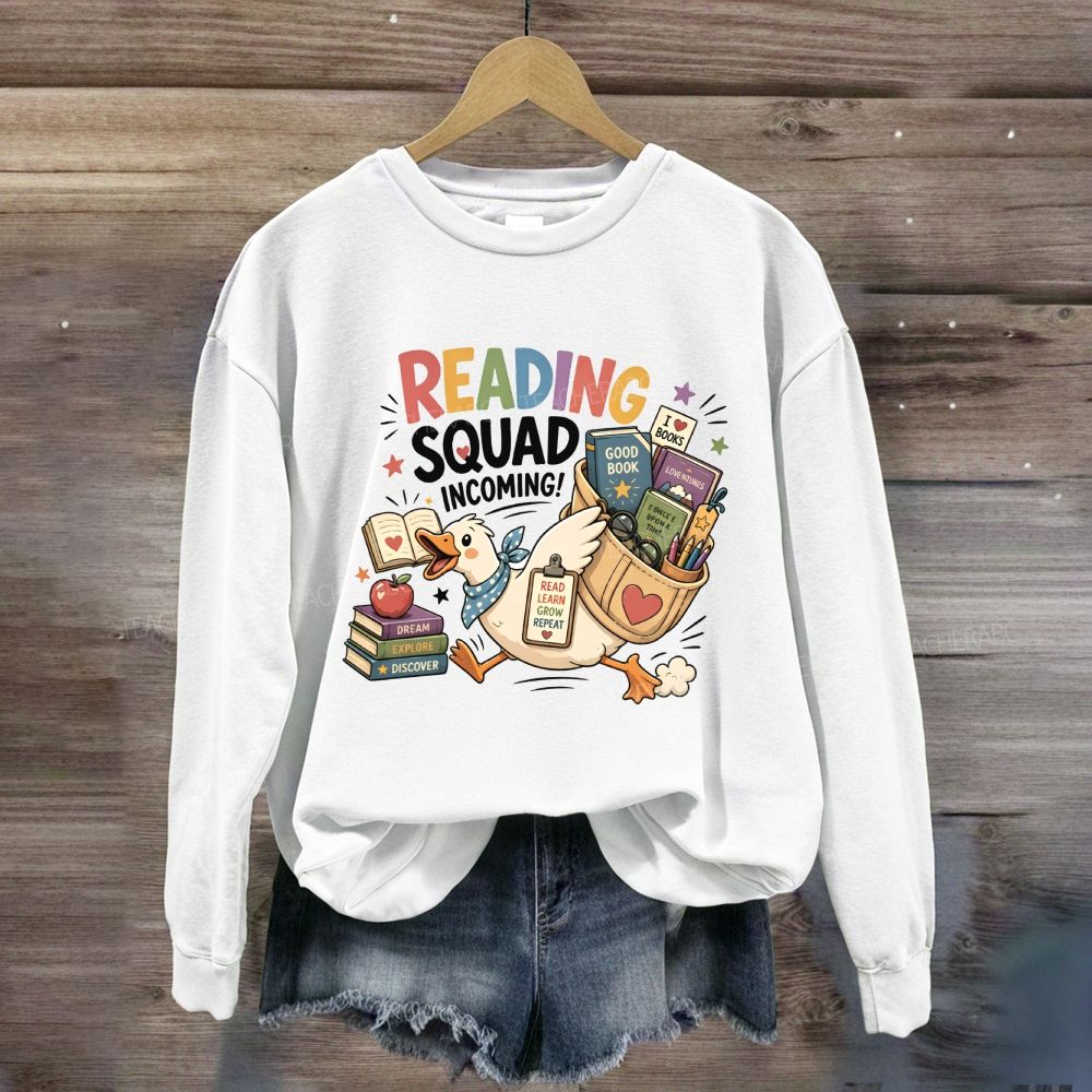 Reading Squad Incoming Colorful Reading Squad Duck With Books Literacy Teacher Sweatshirt