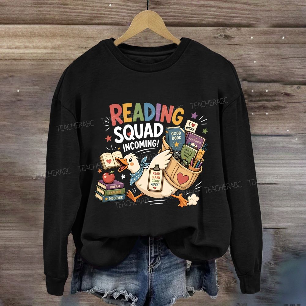 Reading Squad Incoming Colorful Reading Squad Duck With Books Literacy Teacher Sweatshirt