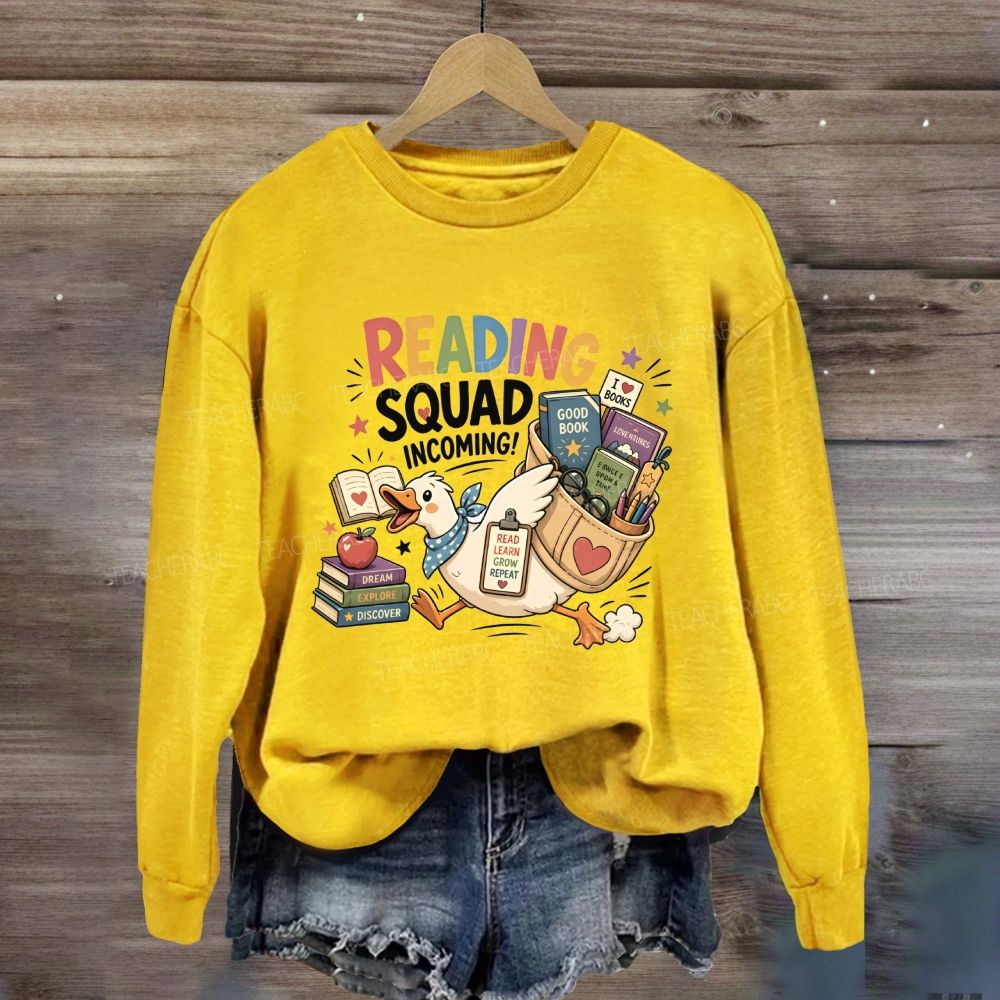 Reading Squad Incoming Colorful Reading Squad Duck With Books Literacy Teacher Sweatshirt