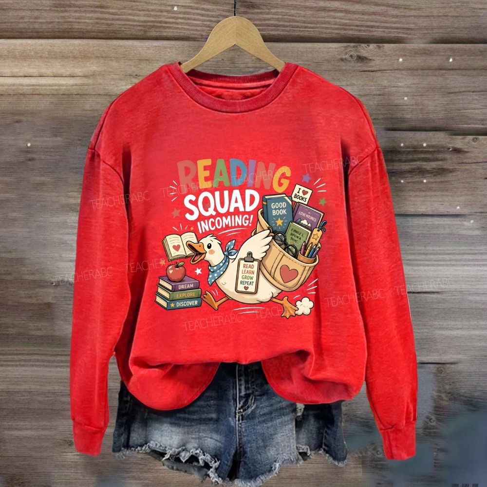 Reading Squad Incoming Colorful Reading Squad Duck With Books Literacy Teacher Sweatshirt