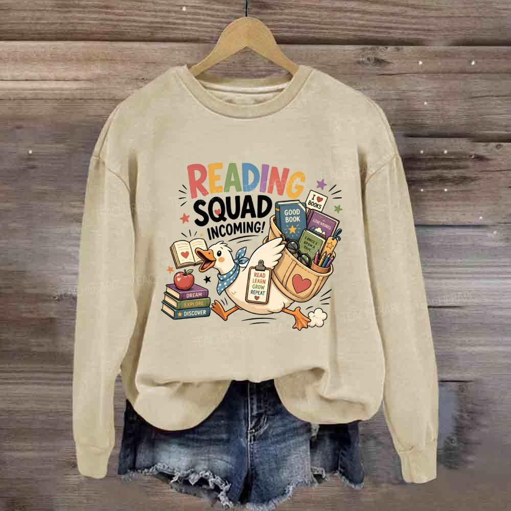 Reading Squad Incoming Colorful Reading Squad Duck With Books Literacy Teacher Sweatshirt
