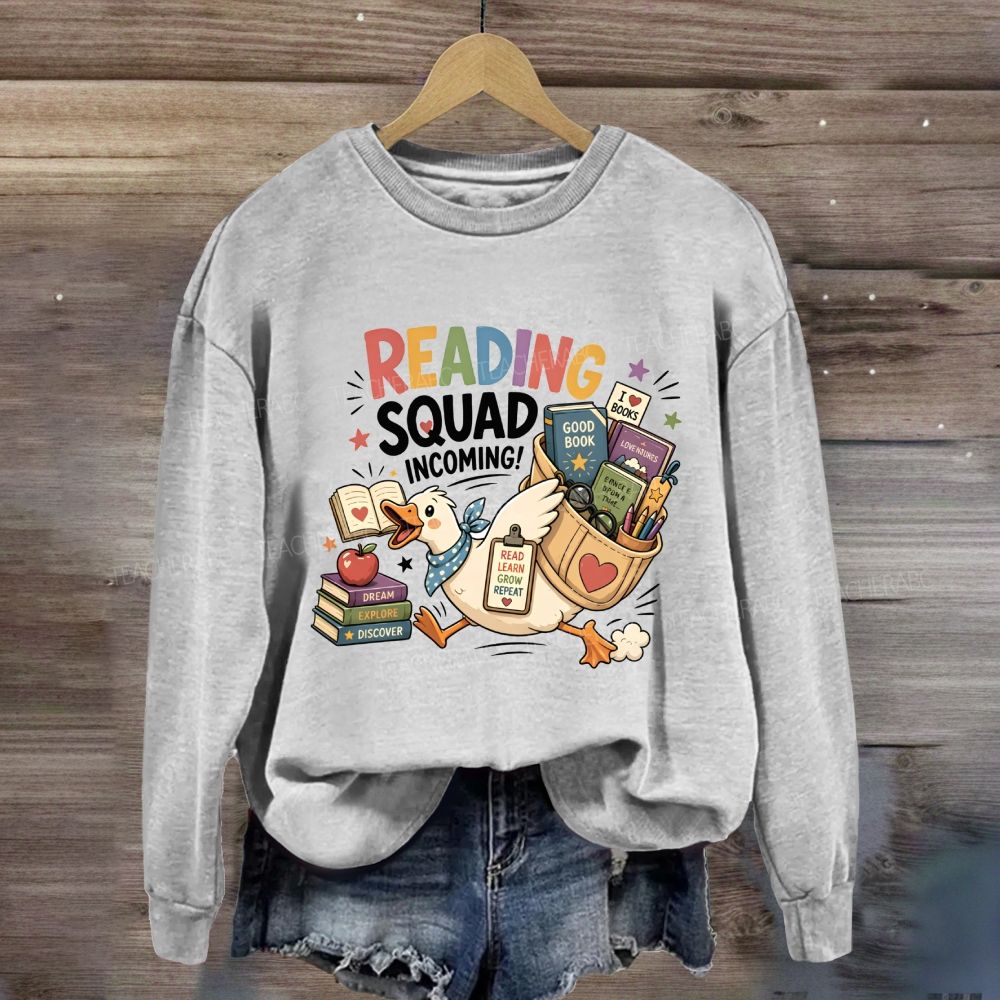 Reading Squad Incoming Colorful Reading Squad Duck With Books Literacy Teacher Sweatshirt