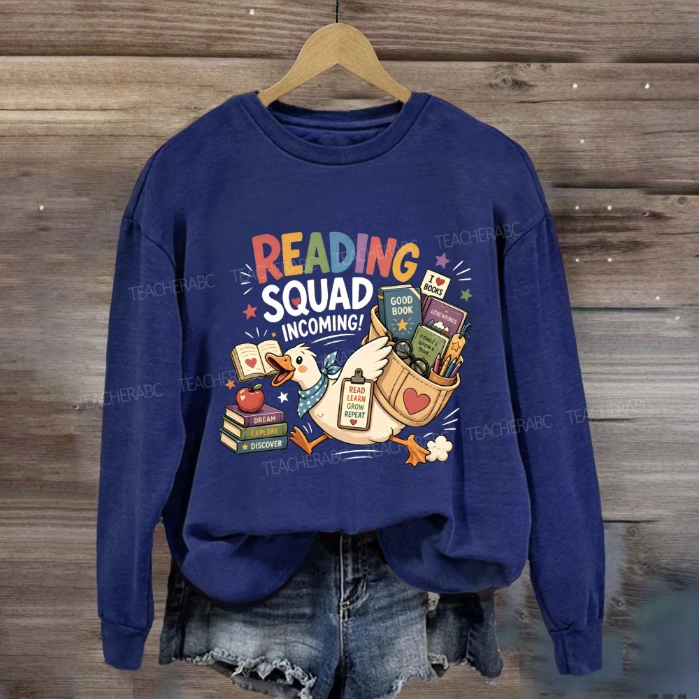 Reading Squad Incoming Colorful Reading Squad Duck With Books Literacy Teacher Sweatshirt