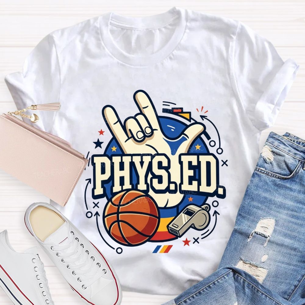 Phys Ed Rock Hand Pe Teacher Basketball Whistle Pe Educator Teacher T-shirt