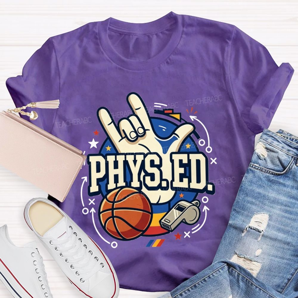 Phys Ed Rock Hand Pe Teacher Basketball Whistle Pe Educator Teacher T-shirt