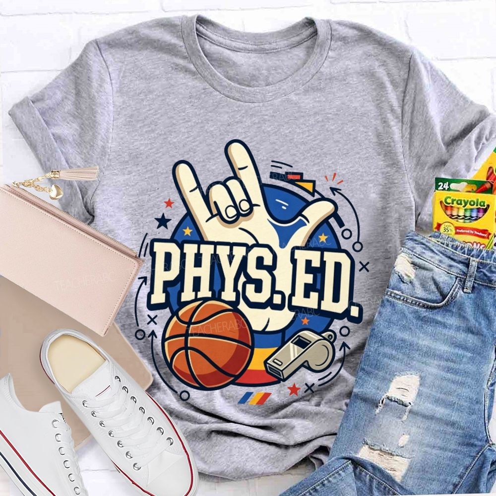 Phys Ed Rock Hand Pe Teacher Basketball Whistle Pe Educator Teacher T-shirt