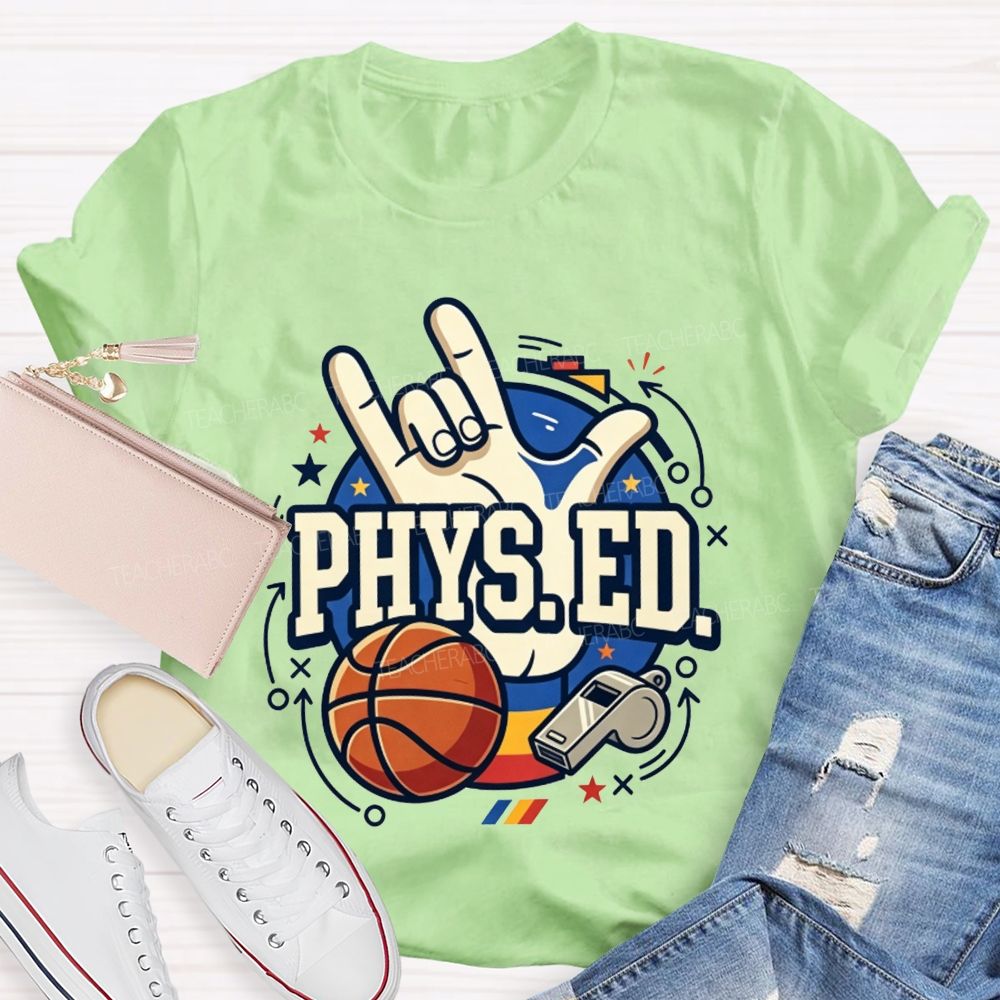 Phys Ed Rock Hand Pe Teacher Basketball Whistle Pe Educator Teacher T-shirt