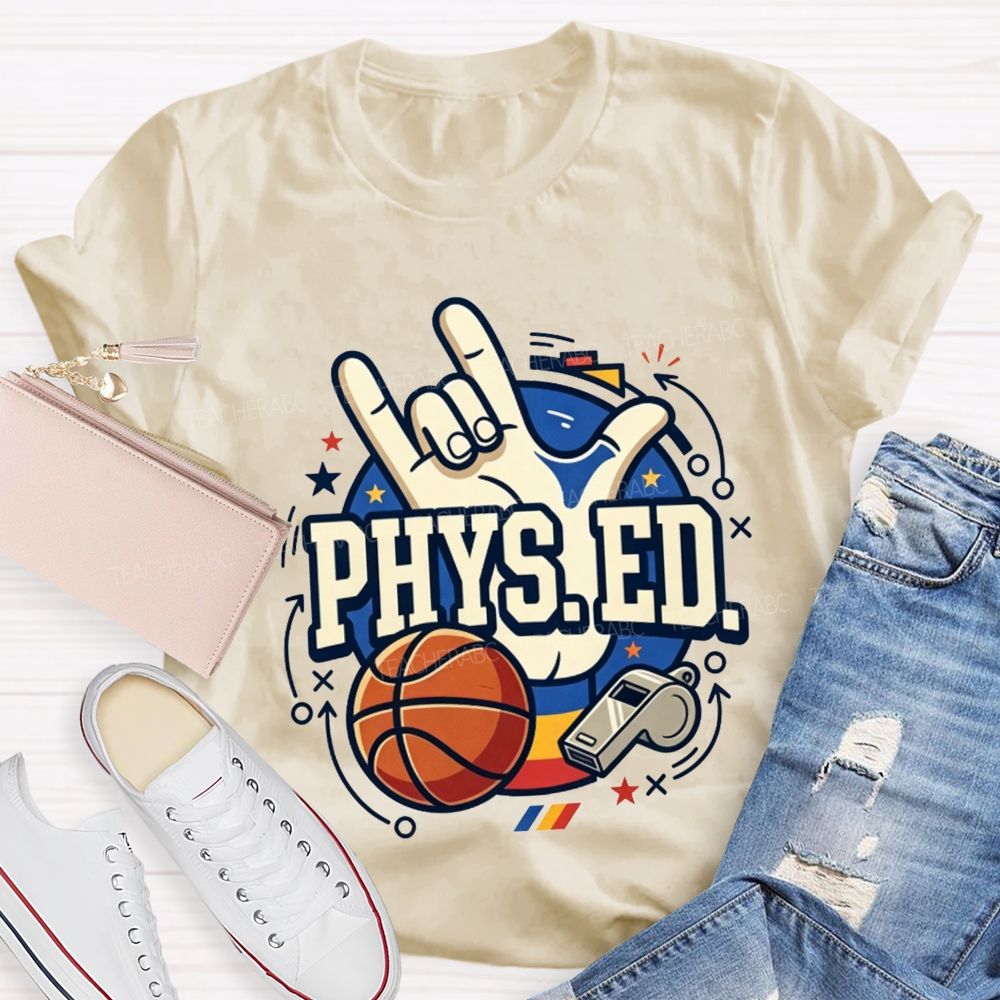 Phys Ed Rock Hand Pe Teacher Basketball Whistle Pe Educator Teacher T-shirt