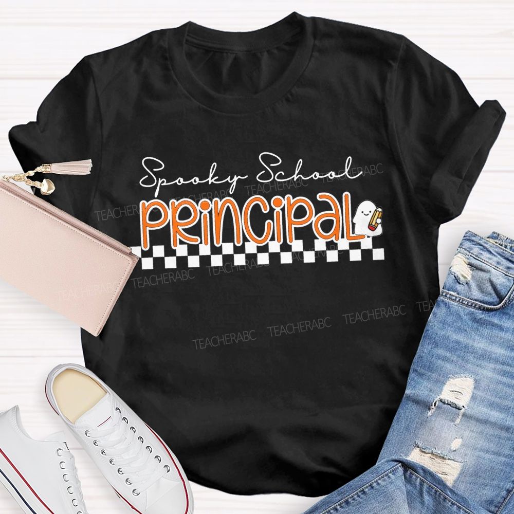 Spooky School Principal Halloween Ghost Pencil Checkerboard T-shirt