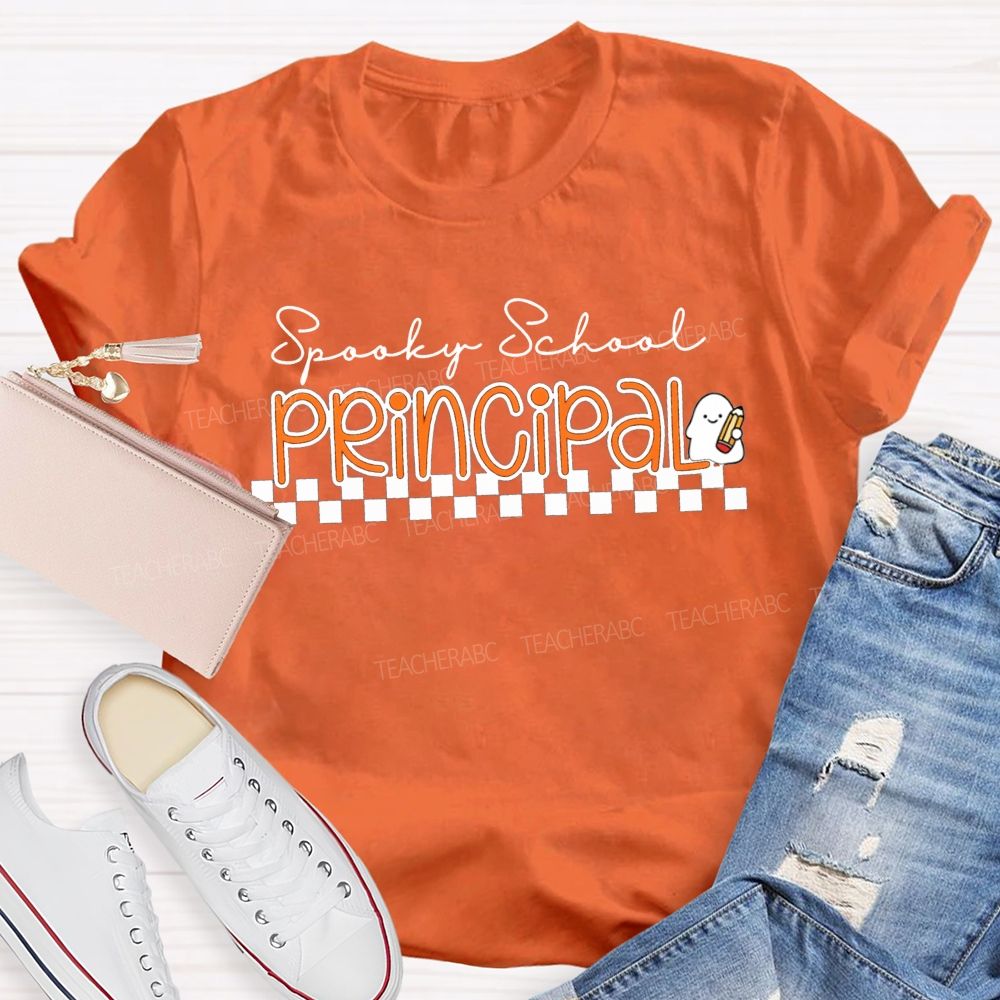 Spooky School Principal Halloween Ghost Pencil Checkerboard T-shirt