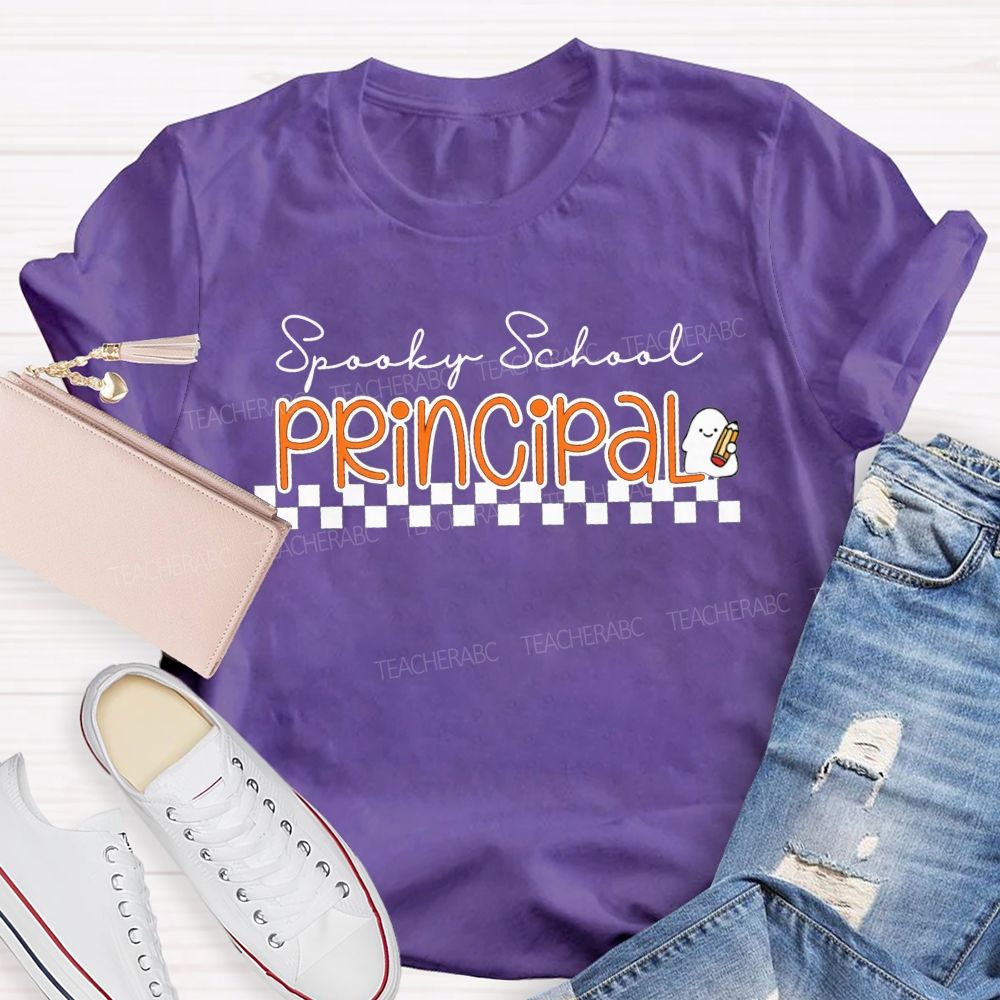 Spooky School Principal Halloween Ghost Pencil Checkerboard T-shirt