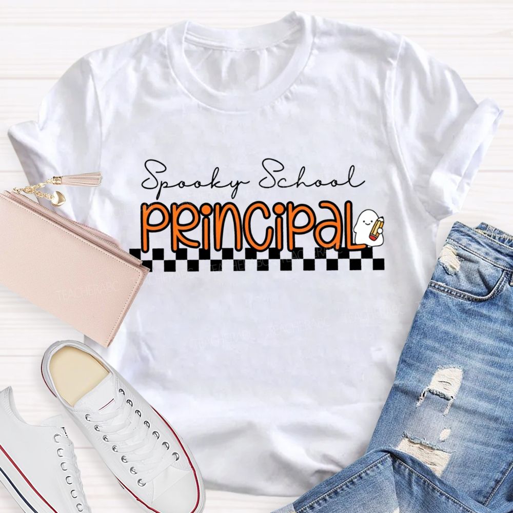 Spooky School Principal Halloween Ghost Pencil Checkerboard T-shirt