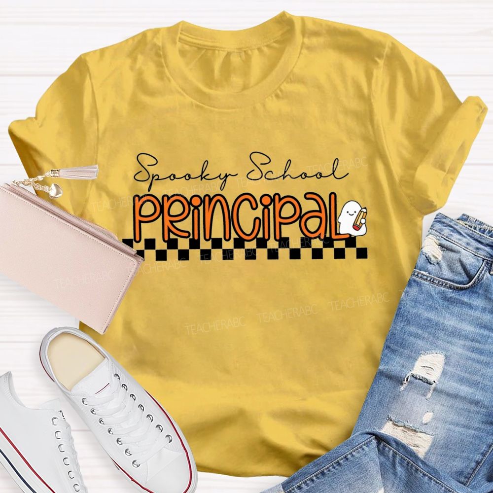 Spooky School Principal Halloween Ghost Pencil Checkerboard T-shirt