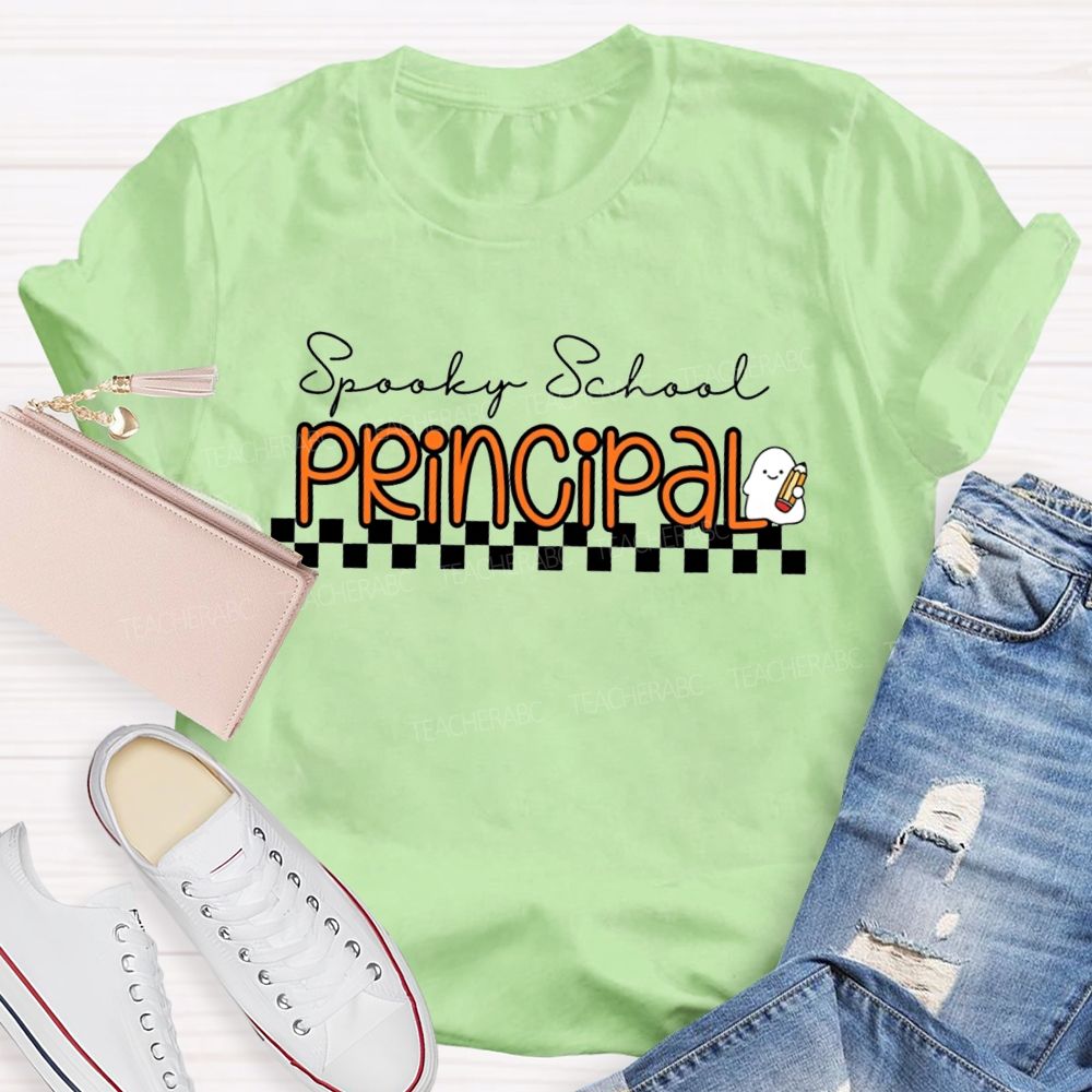 Spooky School Principal Halloween Ghost Pencil Checkerboard T-shirt
