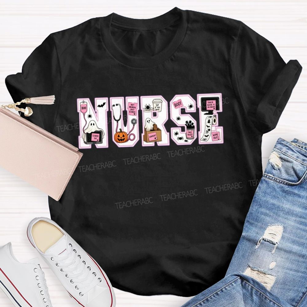Halloween Nurse Ghost Pumpkin Letter T-shirt
