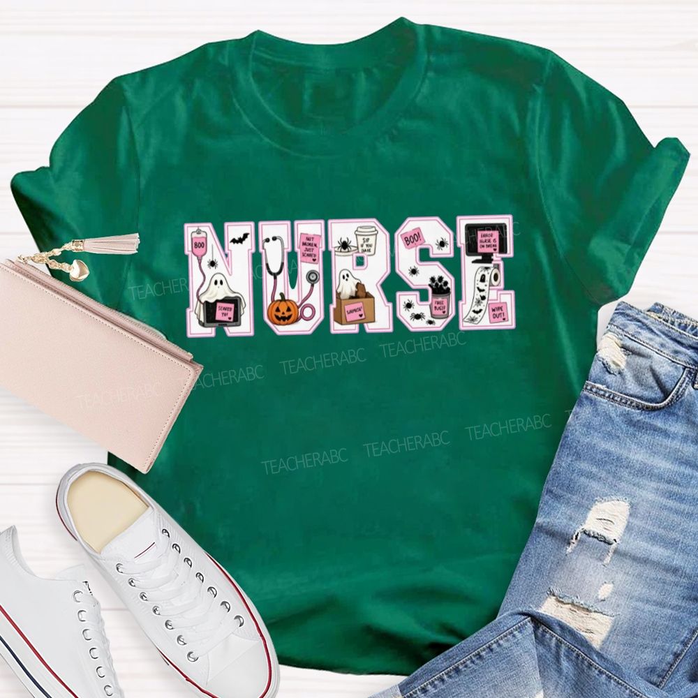 Halloween Nurse Ghost Pumpkin Letter T-shirt