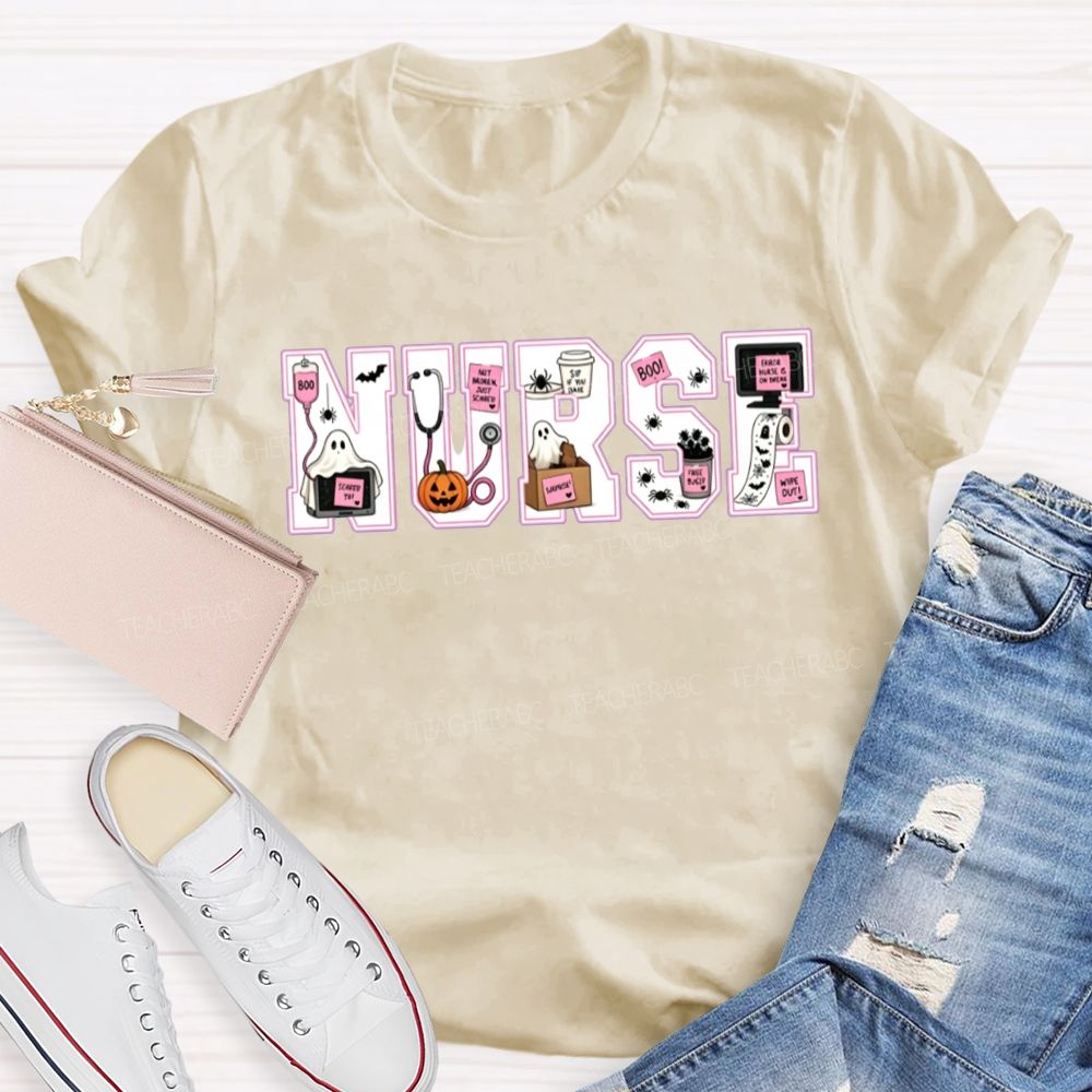 Halloween Nurse Ghost Pumpkin Letter T-shirt