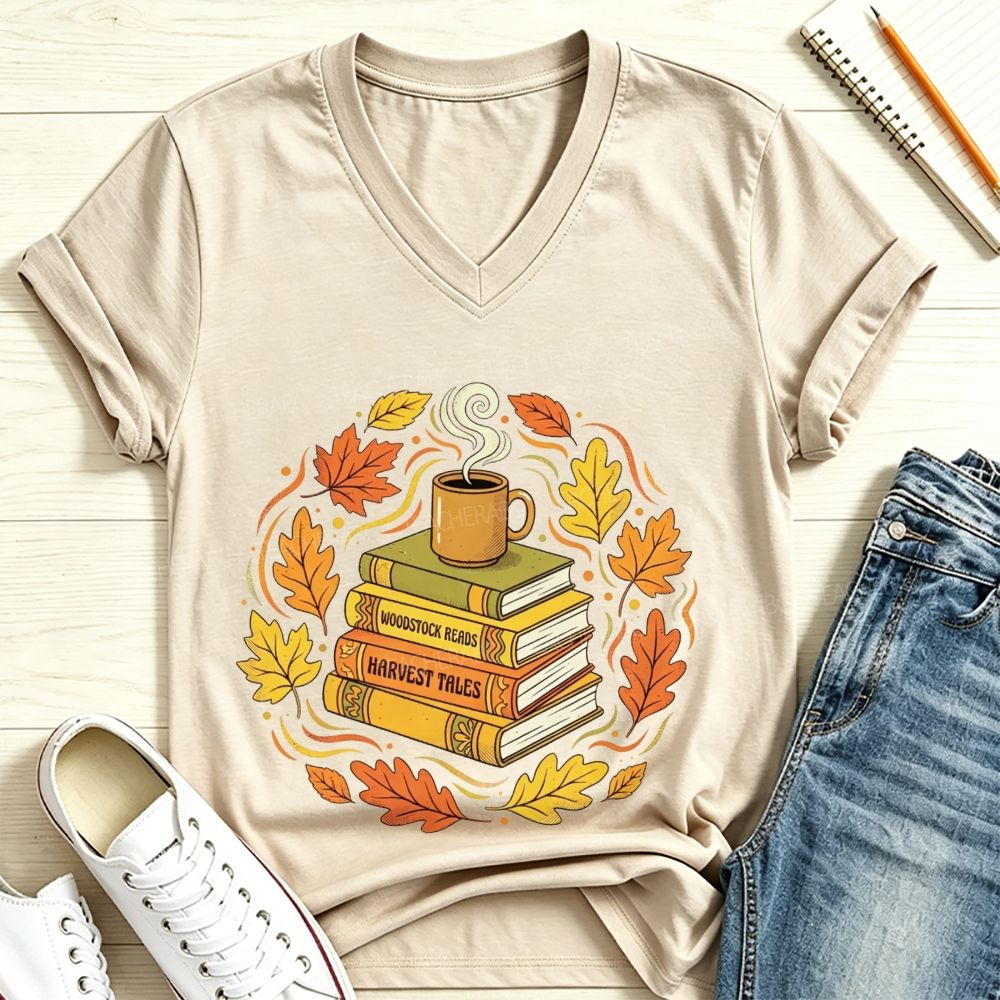 Fall Books Coffee Autumn Maple Leaf Book Lover V Neck T-shirt