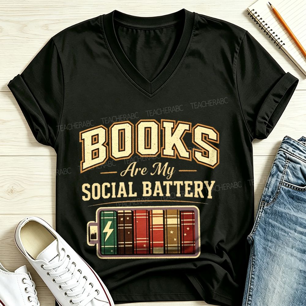 Books Are My Social Battery Retro Book Lover V Neck T-shirt