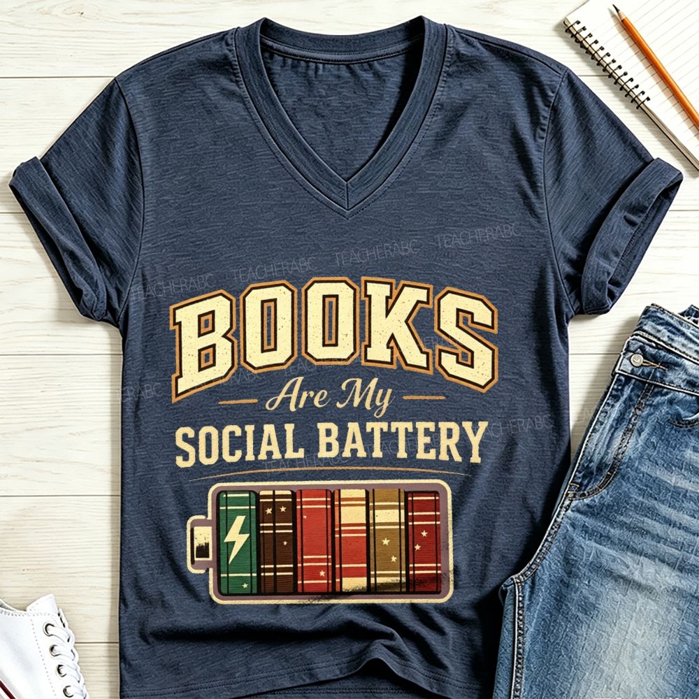 Books Are My Social Battery Retro Book Lover V Neck T-shirt