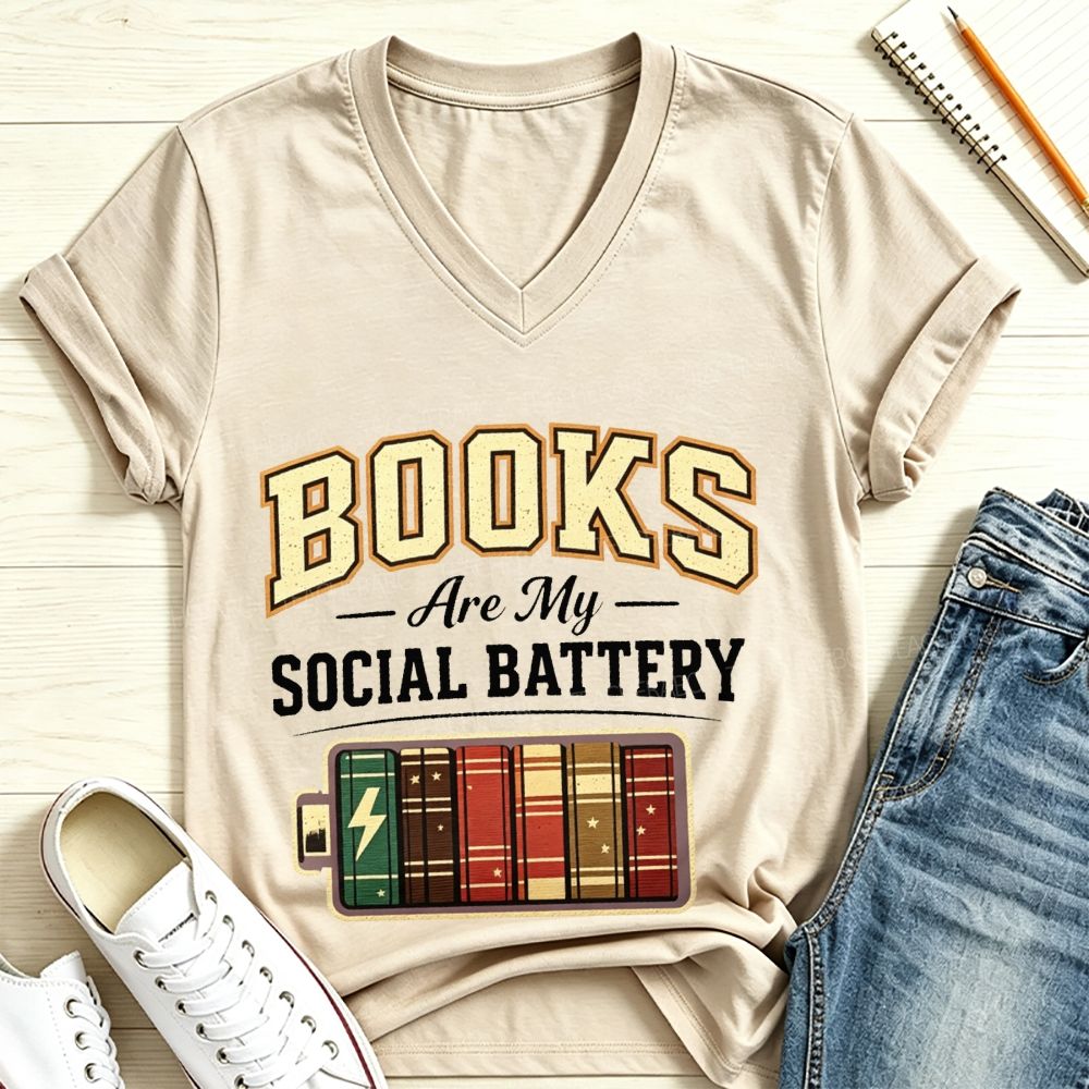Books Are My Social Battery Retro Book Lover V Neck T-shirt