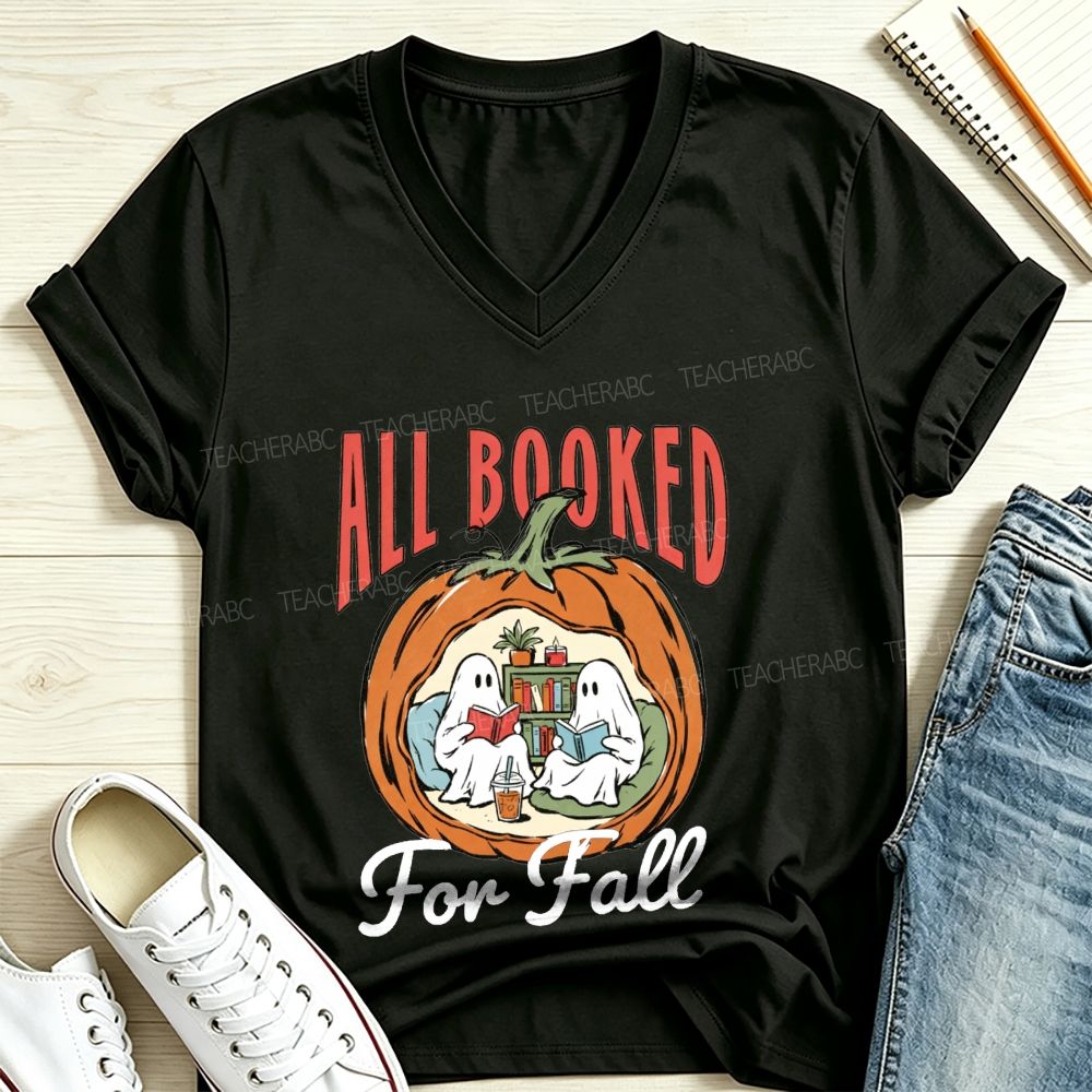 All Booked For Fall Ghost Reading Pumpkin V Neck T-shirt