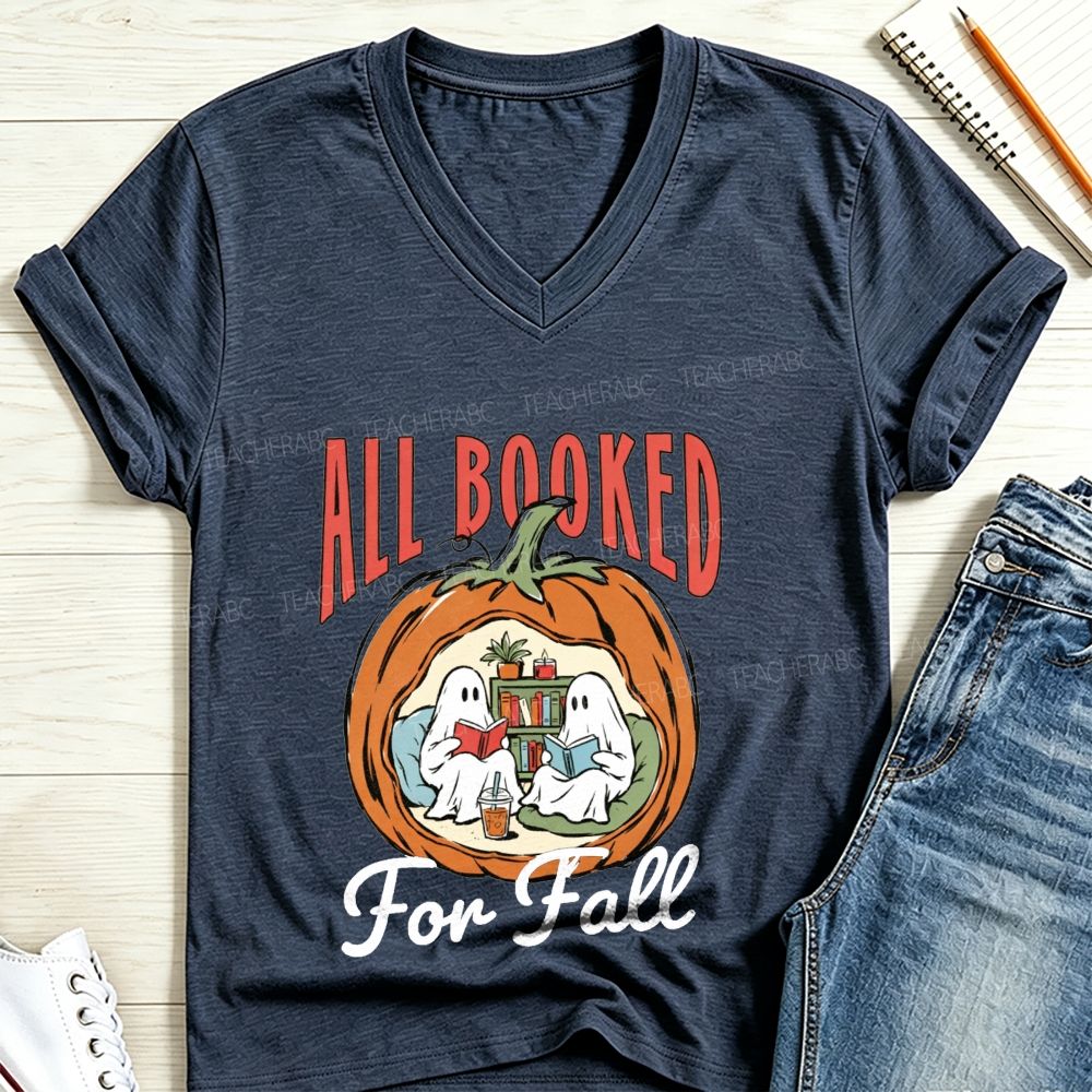 All Booked For Fall Ghost Reading Pumpkin V Neck T-shirt