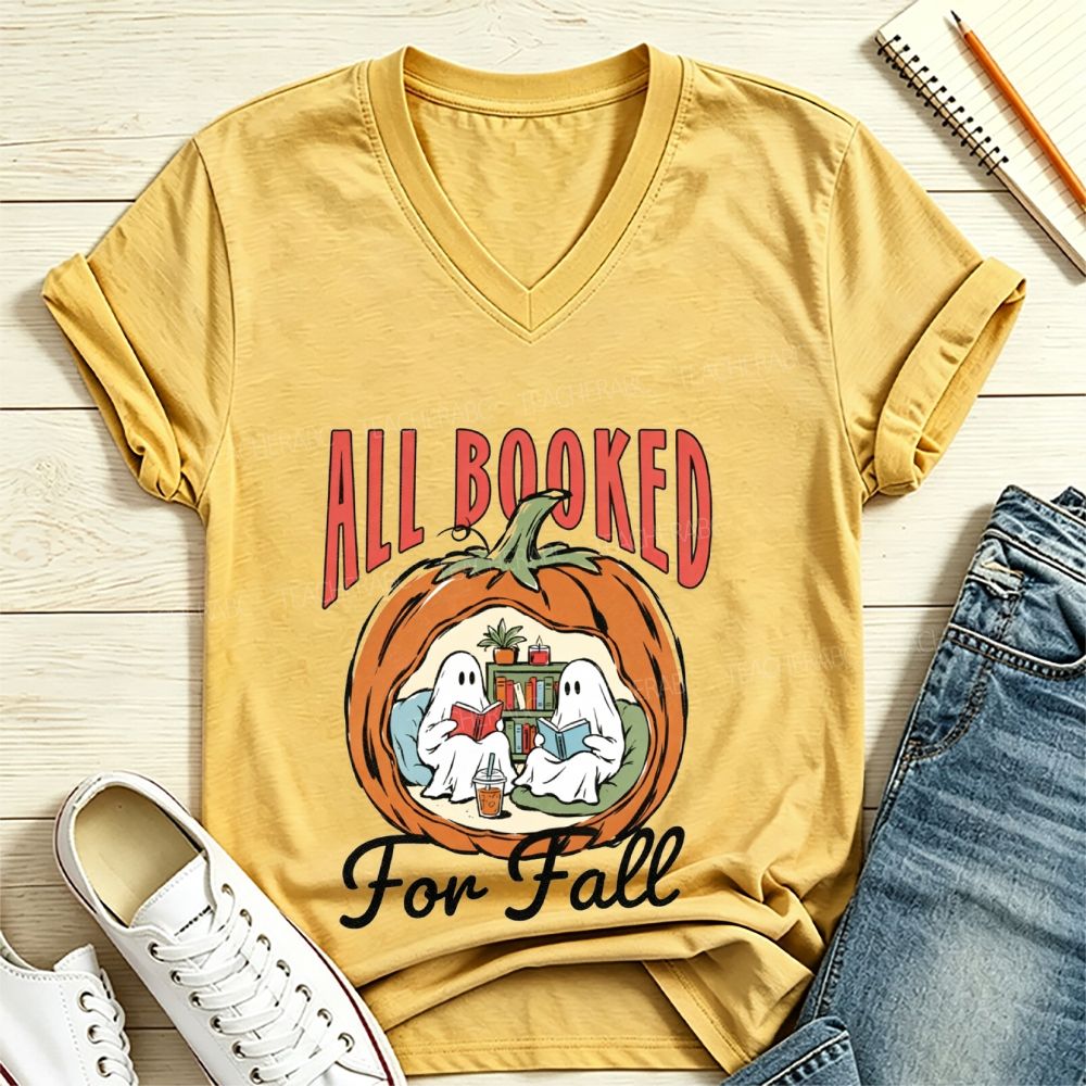 All Booked For Fall Ghost Reading Pumpkin V Neck T-shirt