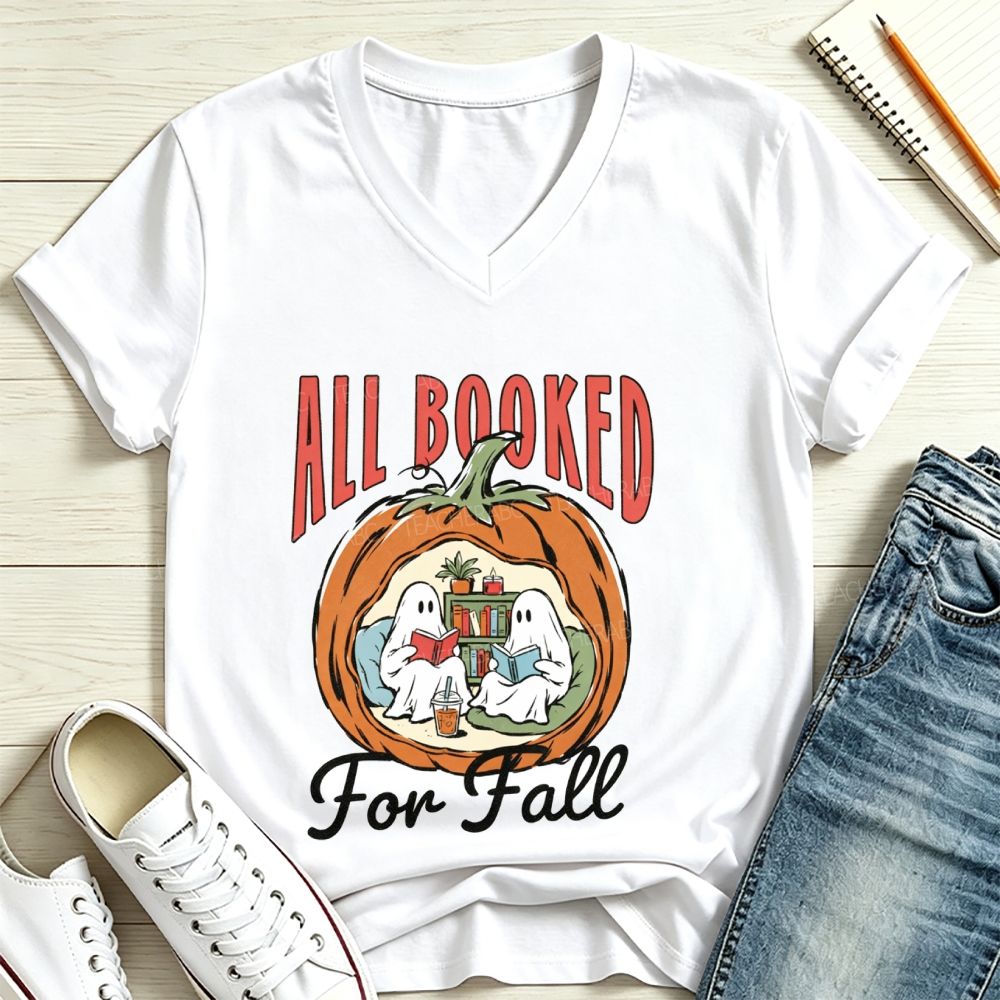 All Booked For Fall Ghost Reading Pumpkin V Neck T-shirt