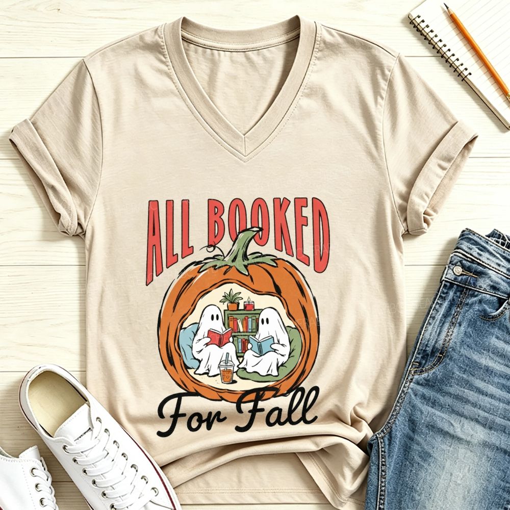 All Booked For Fall Ghost Reading Pumpkin V Neck T-shirt