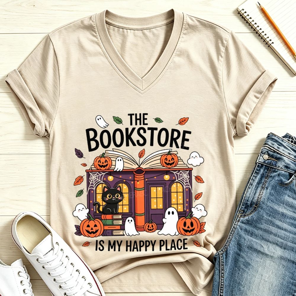 The Bookstore Is My Happy Place Halloween V Neck T-shirt
