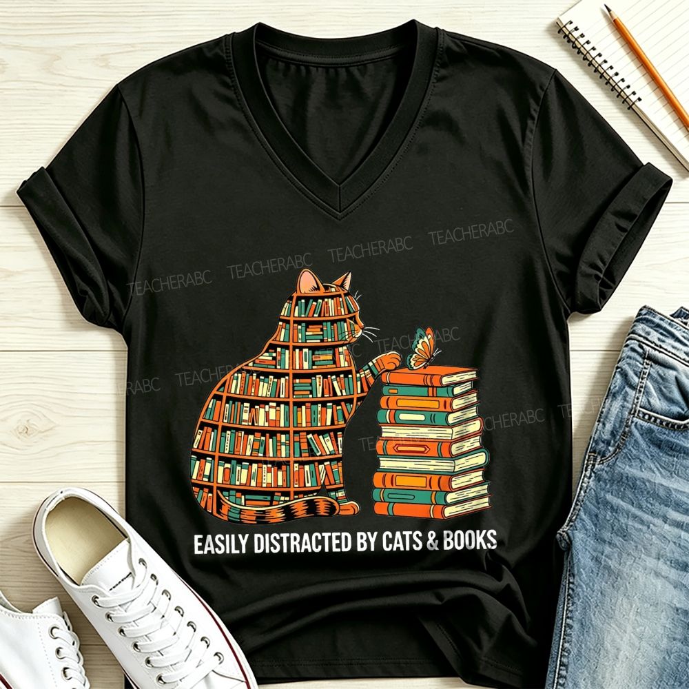 Easily Distracted By Cats And Books V Neck T-shirt