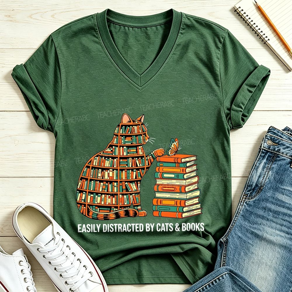 Easily Distracted By Cats And Books V Neck T-shirt