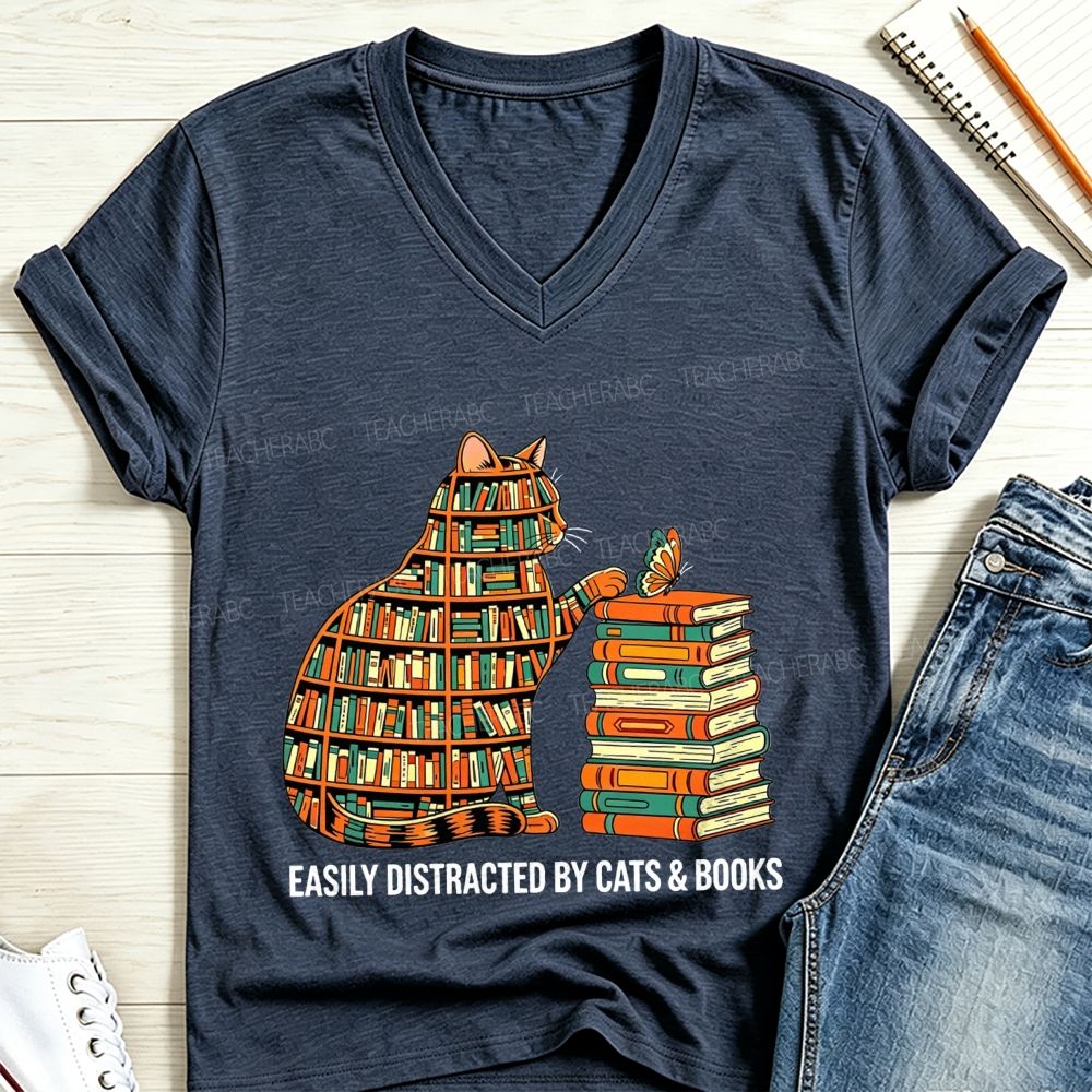 Easily Distracted By Cats And Books V Neck T-shirt