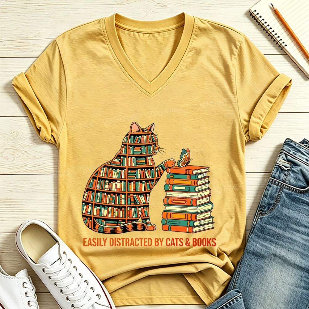 Easily Distracted By Cats And Books V Neck T-shirt