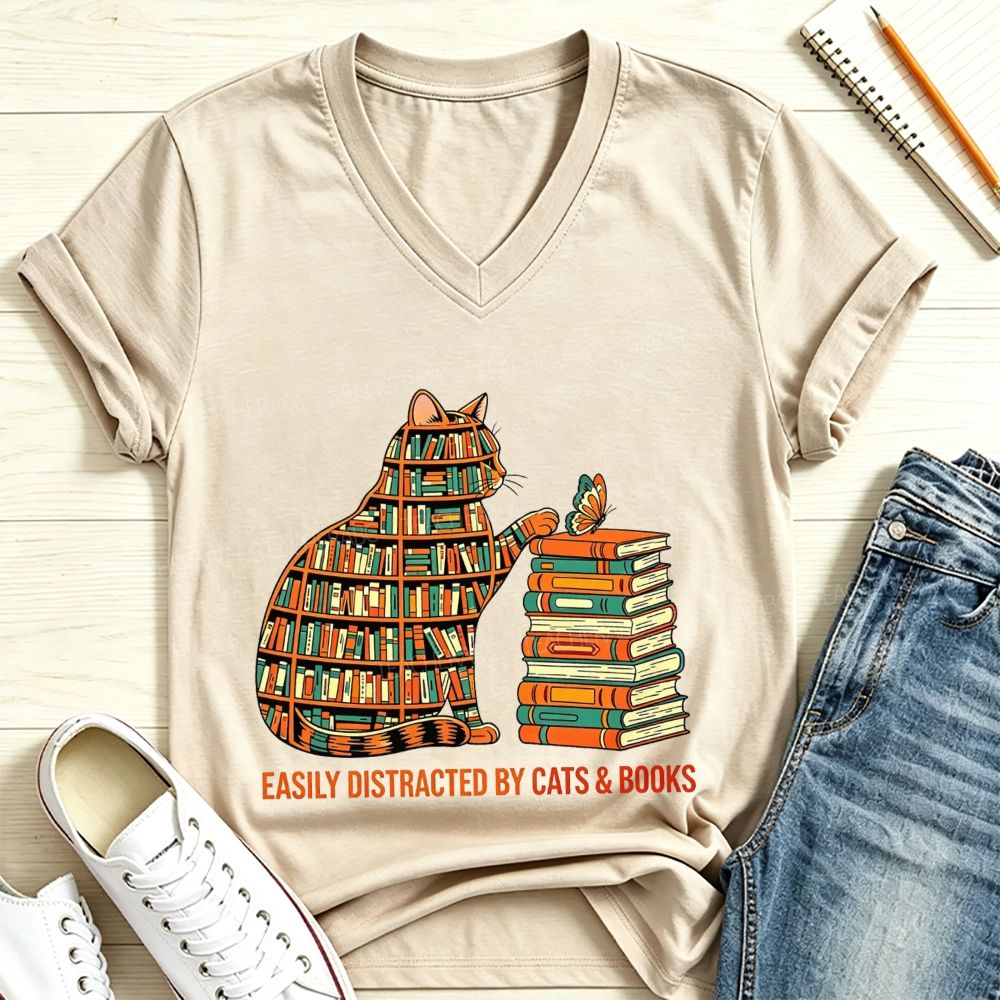 Easily Distracted By Cats And Books V Neck T-shirt