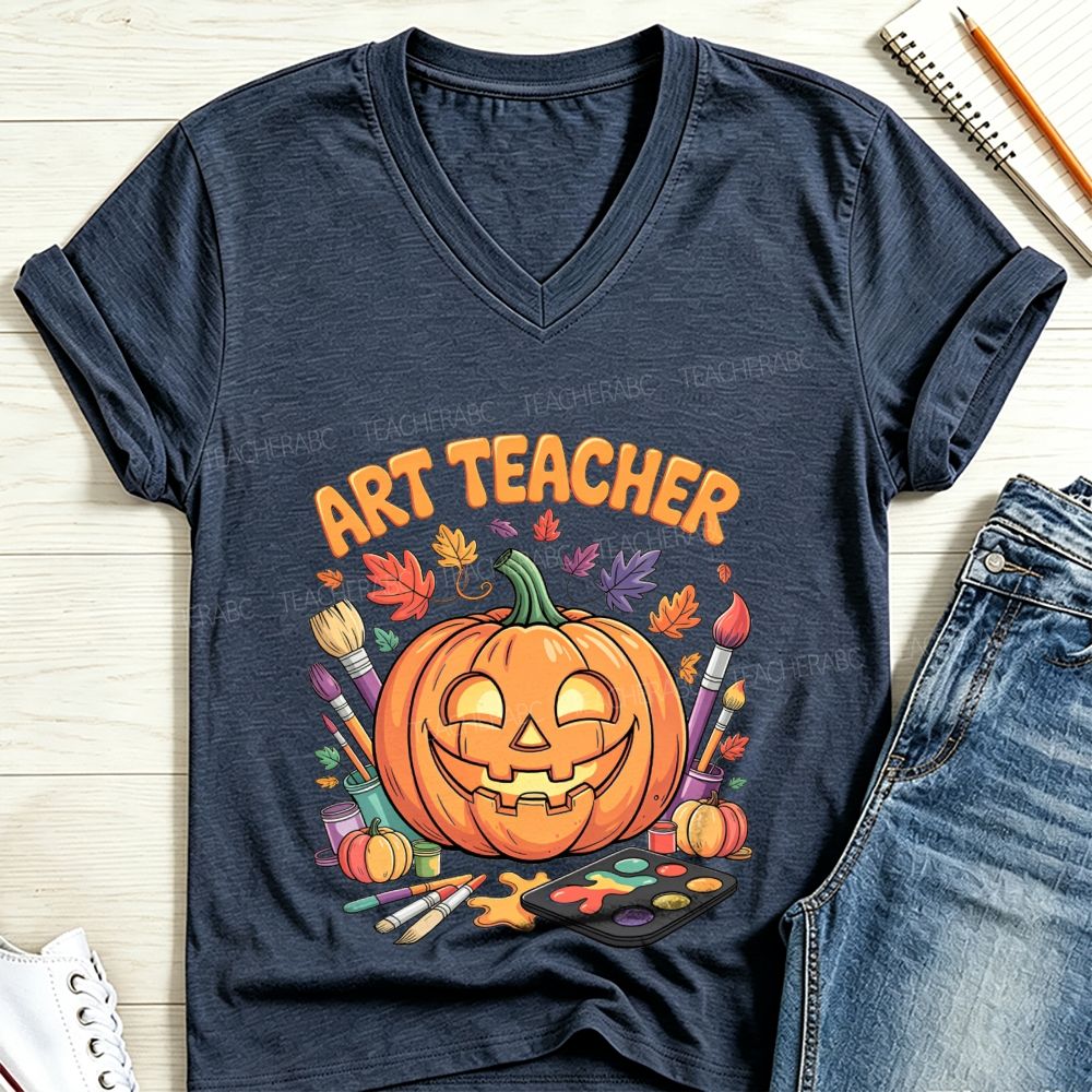 Halloween Paint Supplies Pumpkin Art Teacher V Neck T-shirt