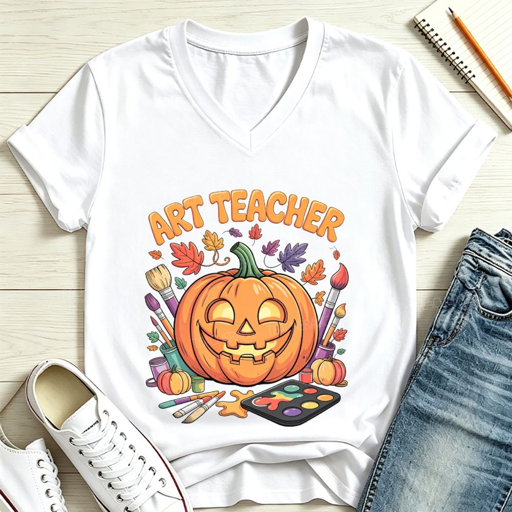 Halloween Paint Supplies Pumpkin Art Teacher V Neck T-shirt