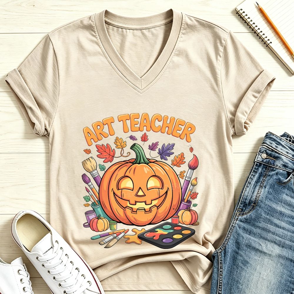 Halloween Paint Supplies Pumpkin Art Teacher V Neck T-shirt