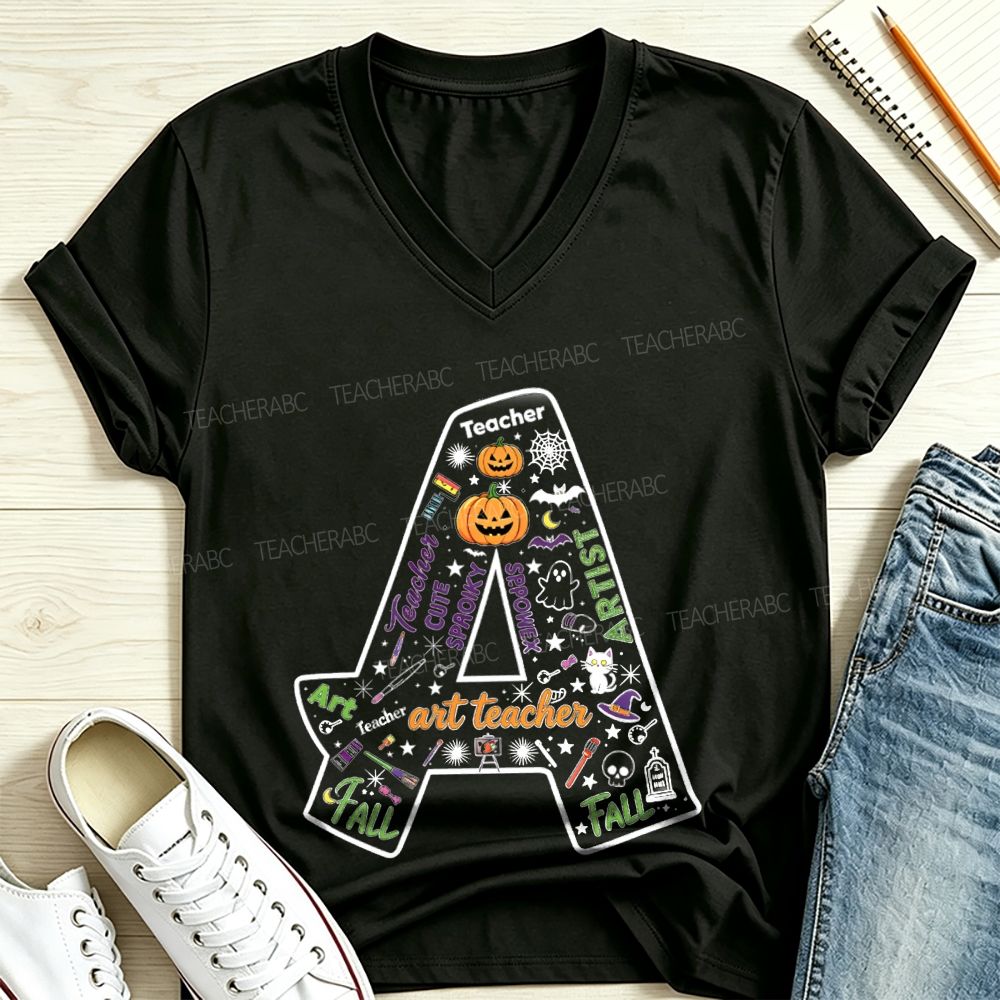 Halloween Doodle Letter A Art Teacher V Neck T-shirt