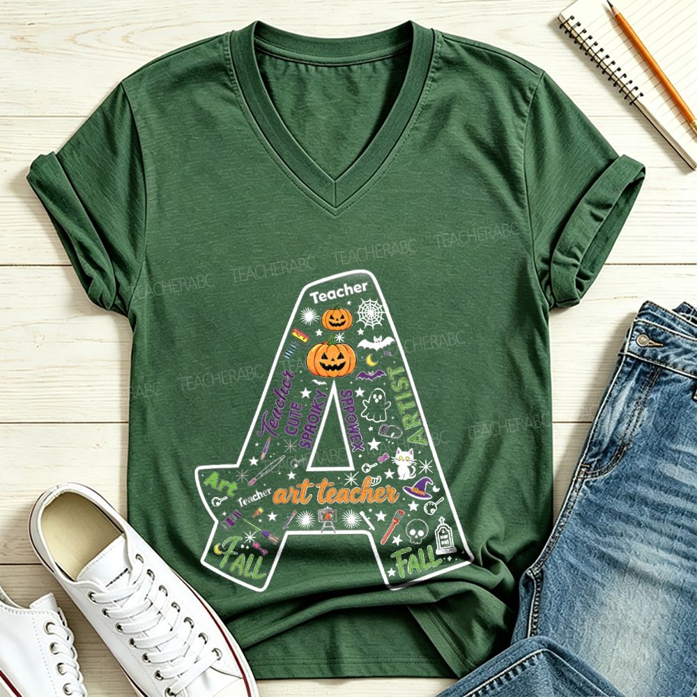 Halloween Doodle Letter A Art Teacher V Neck T-shirt