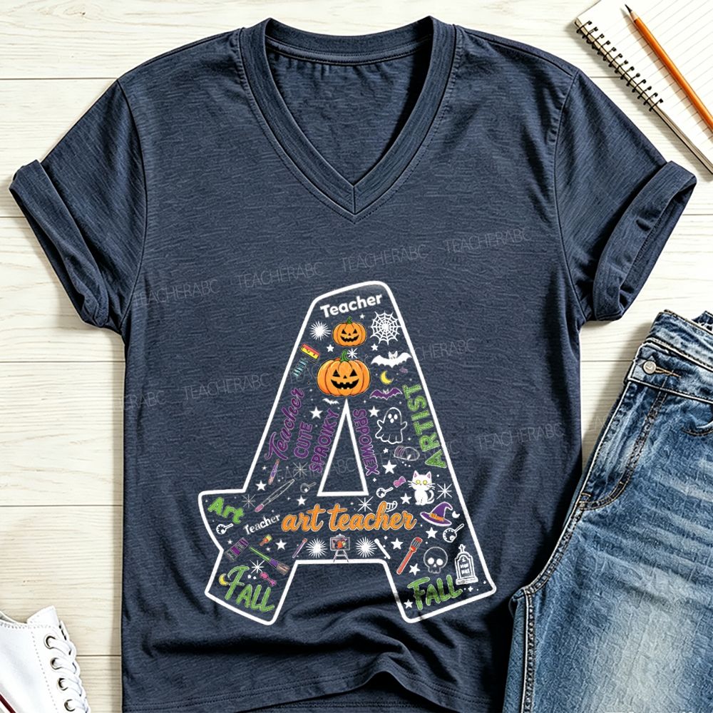 Halloween Doodle Letter A Art Teacher V Neck T-shirt