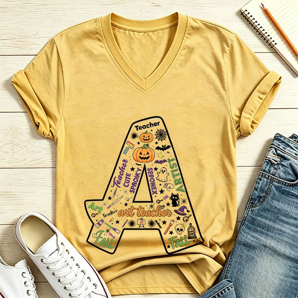Halloween Doodle Letter A Art Teacher V Neck T-shirt