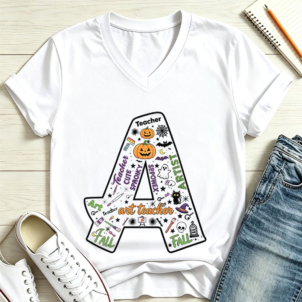 Halloween Doodle Letter A Art Teacher V Neck T-shirt