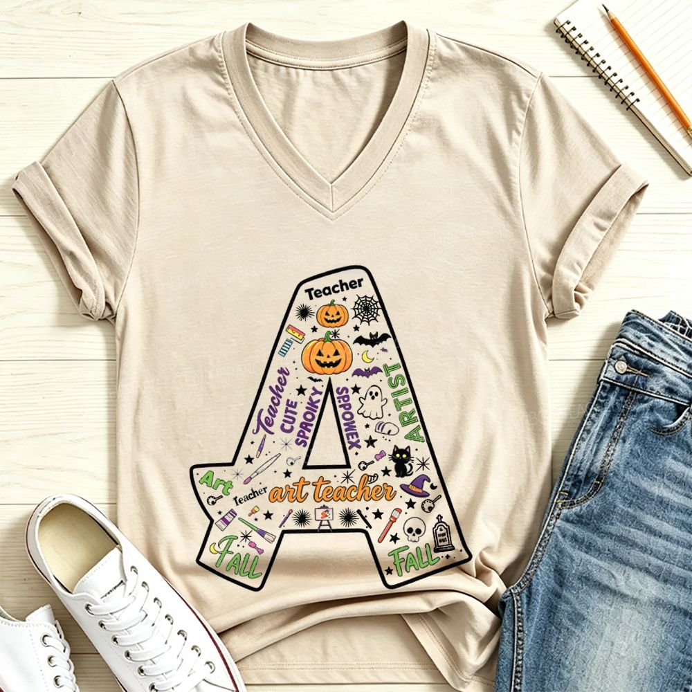 Halloween Doodle Letter A Art Teacher V Neck T-shirt