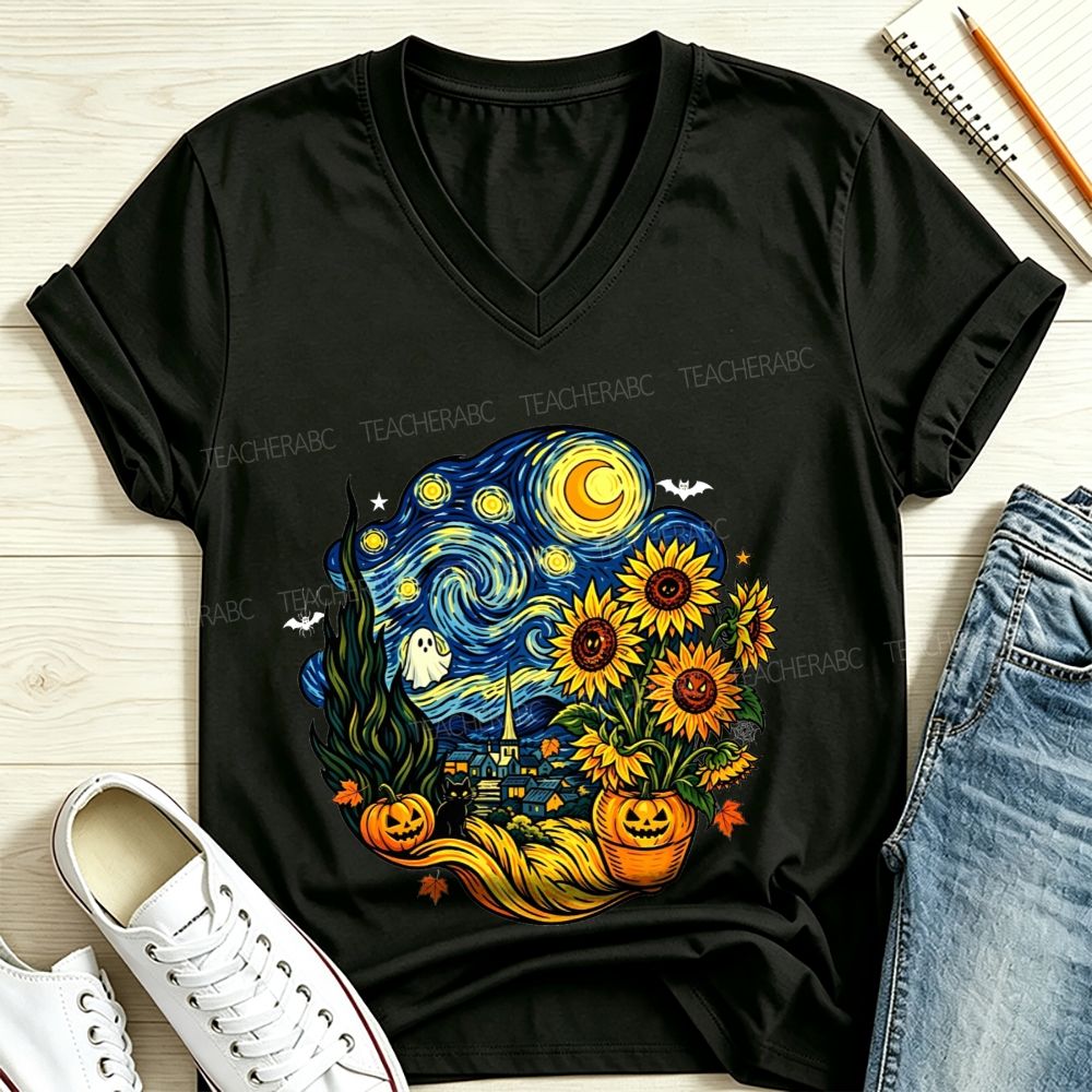 Fall Starry Night Spooky Art Teacher V Neck T-shirt