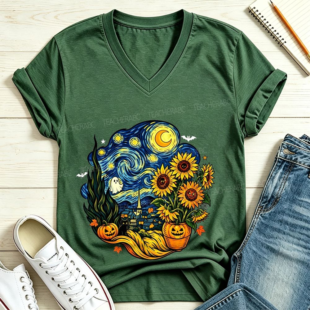Fall Starry Night Spooky Art Teacher V Neck T-shirt